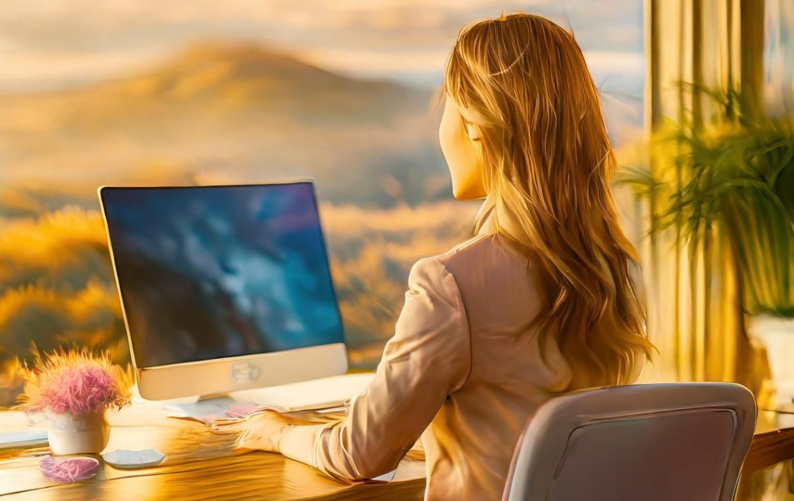 KI Generiert im Comic Stil, Frau die an einem Rechner am Schreibtisch sitzt und arbeitet. Der Schreibtisch befindet sich vor einem Fenster.